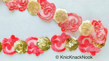 Wholesale Sari Border Pink Lace Trim, Deep Blush Colour Tissue Fabric Cutwork With Floral Embroidery & Gold Sequins, Approx. 40mm Wide
